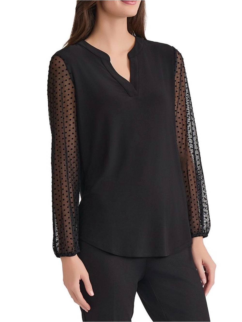 Kasper Black V-Neck Top with Sheer Dotted Sleeves
